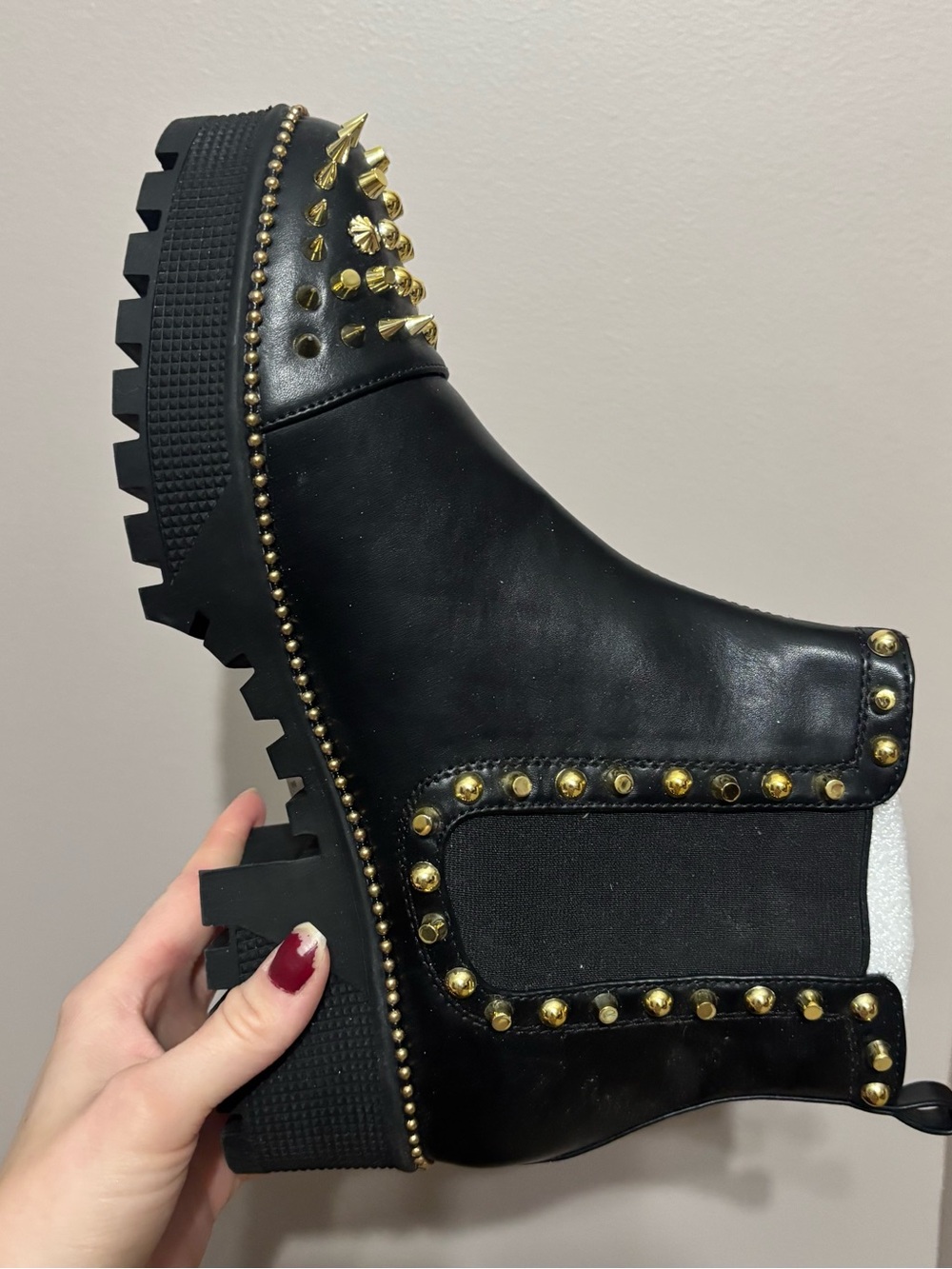 Black Leather Studded Chelsea Boot with Gold Accents - Picture 4 of 6